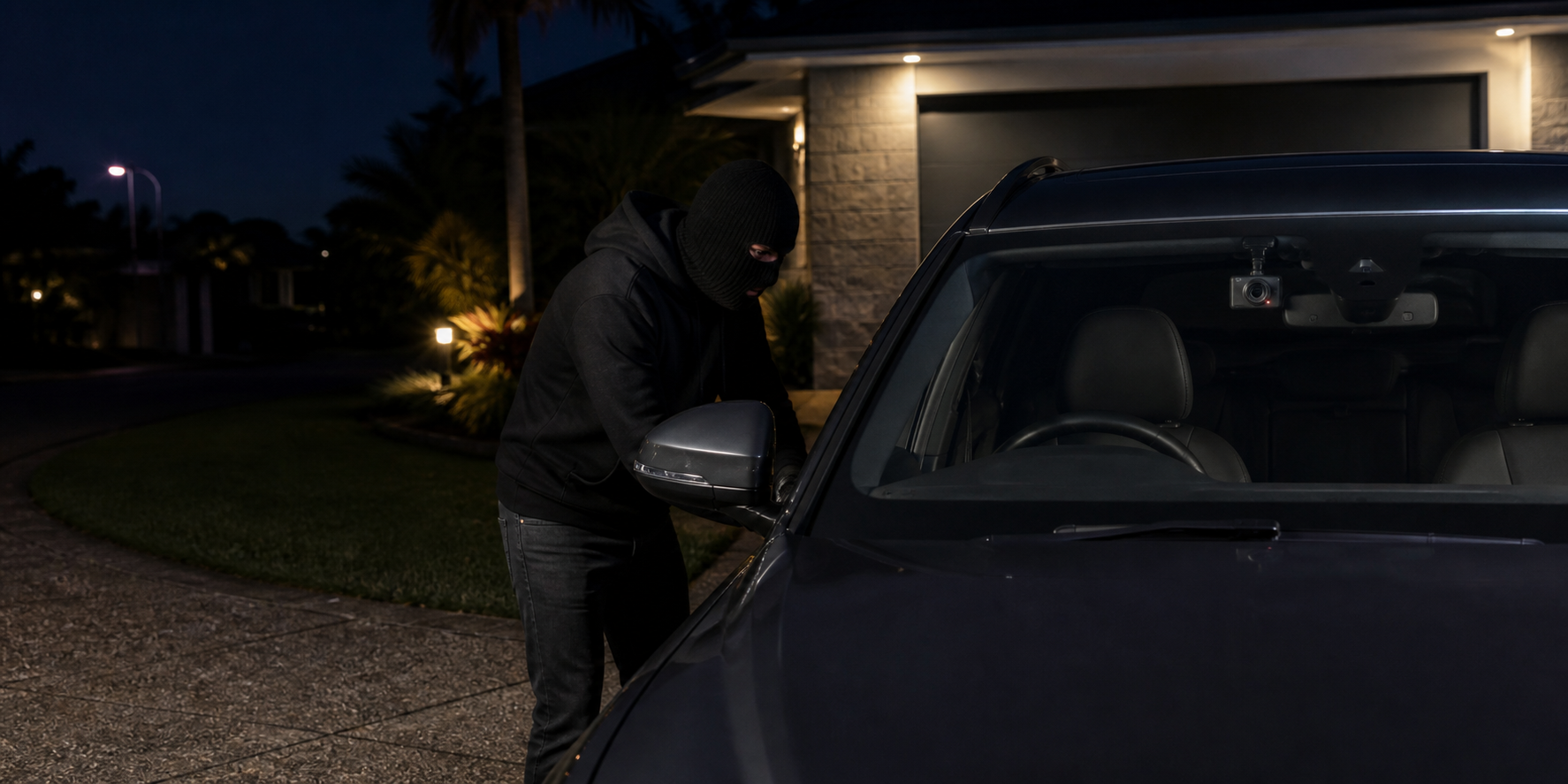 A parked vehicle dash camera recording suspicious activity near the car at night